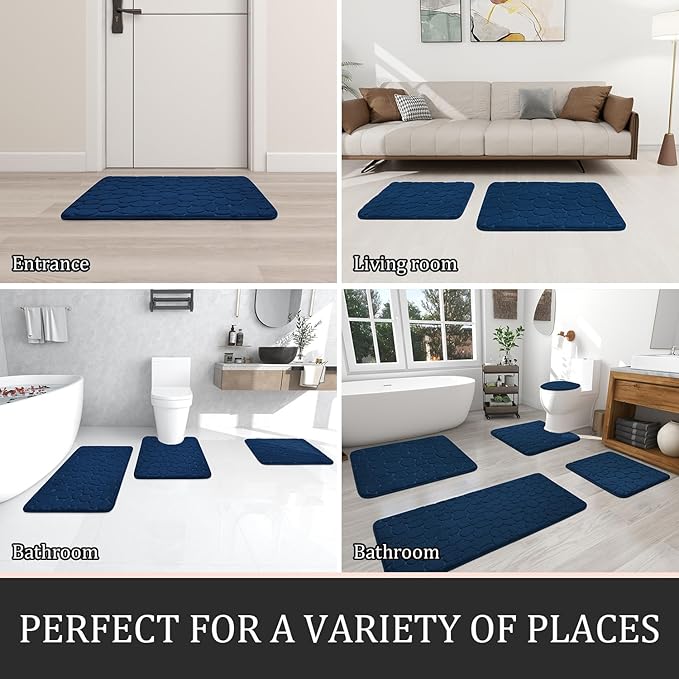 Bathroom Rugs Mat Set, Memory Foam Bath Mat 3 Piece Navy Blue | U Shape+Small Mat, Non Slip, Water Absorbent, Washable, Bath Mat For Bathroom, Sink and Toilet