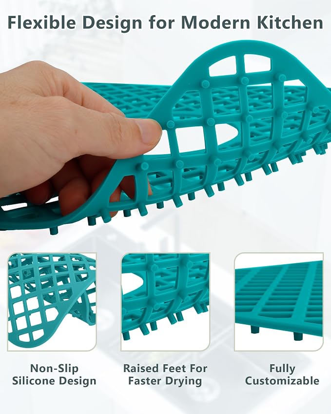 2 Pack Silicone Sink Protectors for Kitchen Sink, Trellis 13x11 Green | Heat-resistant Non-Slip and Durable Silicone Grid Mat, 13-9/16" x 11-5/8" Rear Drain