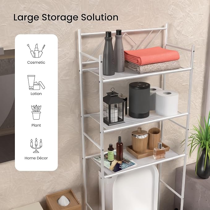 Home Zone Living Over-the-Toilet Bathroom Storage Cabinet Organizer | Freestanding Steel Frame Design with 3-Tier Shelves and Adjustable Feet, White