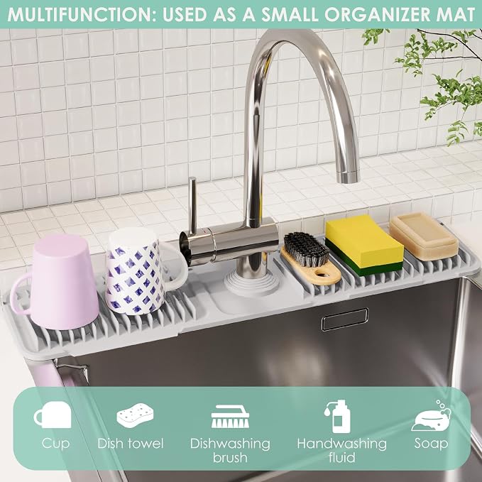 24-Inch Silicone Faucet Mat for Kitchen Sink Splash Guard, 7Β° Slope | 24"x5.5" water draining mat with fasten button; 1.6-2.75" customizable hole for bathroom, RV & kitchen sink drip catcher.