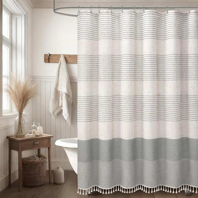 Grey Farmhouse Linen Striped Shower Curtain with Tassel 60"W X 72"L | Boho Farmhouse Shower Curtains with Linen Texture for Bathroom Decor