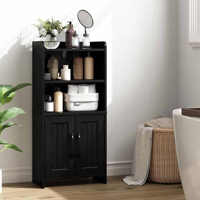 Small Bathroom Storage Cabinet with 2 Doors & Shelf,Line Black | Narrow Storage Organizer, Toilet Paper Floor Cabinets Freestanding, for Small Spaces, Laundry Room, 7.8" D x 14.6" W x 31" H