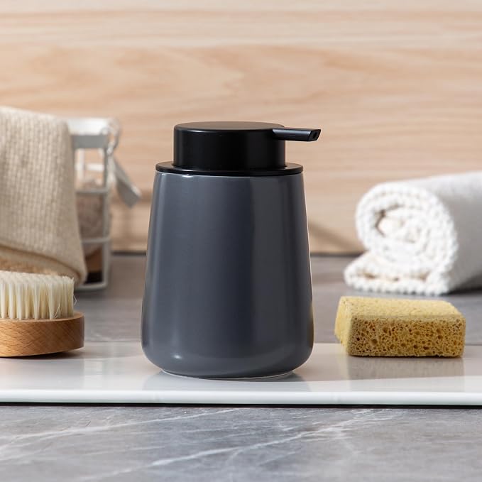 Enra Gray Foaming Soap Dispenser, Ceramic Foam Hand Soap Dispenser Modern | 12oz Ceramic Body with Easy-Press Pump.Neutral Finish Complements Sinks,Countertops,Kitchens and Contemporary Home Spaces.