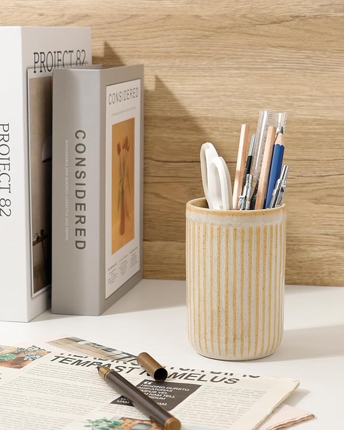 BosilunLife Ceramic Toothbrush Holder - 12oz Bathroom Toothbrush Holder Tooth Brush Holders Tumbler Cups Reusable Toothbrush Mouthwash Cup Small Toothbrush and Toothpaste Holder, Striped Greige