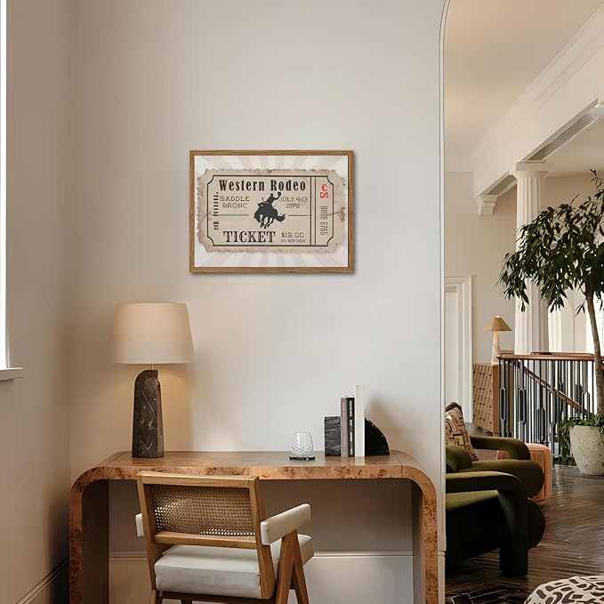 Vintage Western Cowboy Rodeo Wall Art Retro Calgary Stampede Ticket Wall Decor Painting, Southwestern Cowboy Bronc Rider Poster Canvas Print Picture for Living Room Bedroom 12x16 inch Wood Framed