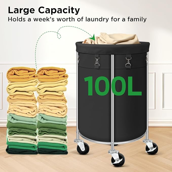 100L Round Rolling Laundry Hamper Basket with Wheels, Black | Laundry Sorter Cart with Removable Bag, Clothes Organizer, Metal Frame, Bedroom, Bathroom, Laundry Room, Dorm Use