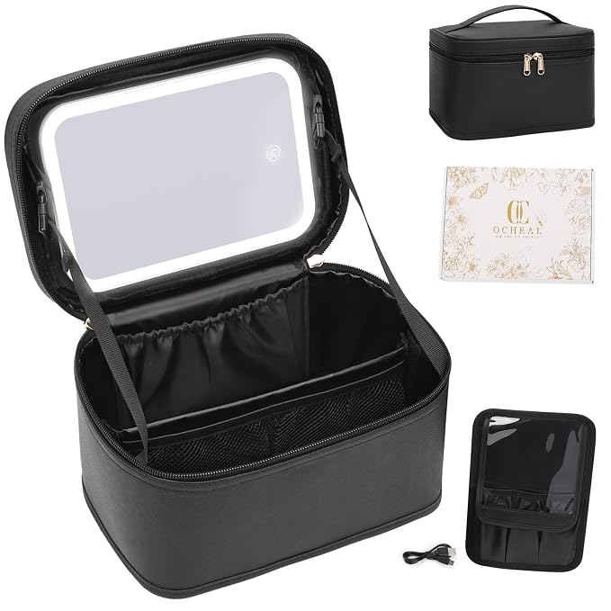 Makeup Bag With LED Mirror, Travel Makeup Bag With 3 Color Setting Light Up Mirror Cosmetic Makeup Organizer Vanity Case for Women Beauty Tools Accessories Rechargeable Makeup Travel Bag-Black