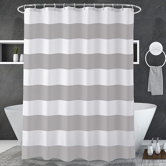 AmazerBath Grey and White Shower Curtain Fabric, Striped Shower Curtain Cloth with Heavy Duty Stones and Rust-Resistent Metal Grommets, 72" W x 72" H