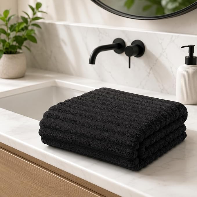 4 Piece Bath Towels, 30"x60" Microfiber Towels Set, Black | Large Bathroom Towels, Soft Touch, Highly Absorbent, Quick Dry, Lint Free, Long-Lasting, Family Use, Guest Bath & Daily Use