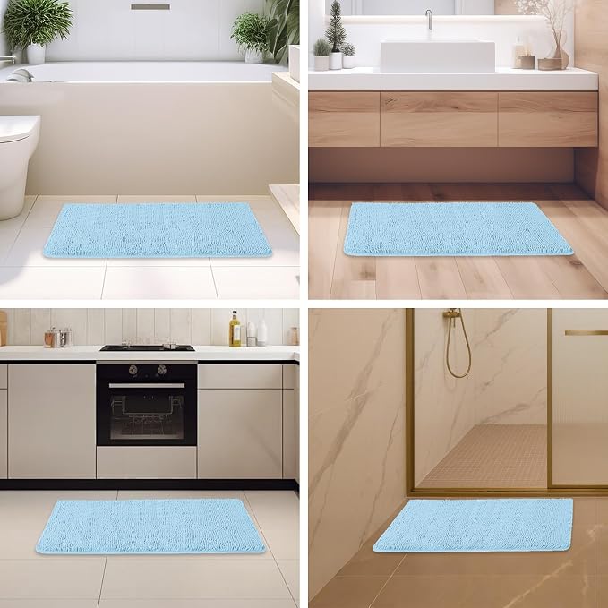 Light Blue Bathroom Rugs – Absorbent and Washable Bath Mat, Non-Slip, Thick Soft Chenille Bath Rugs for Bathroom Floor, Shower, Sink - 24" x 36"