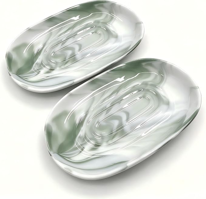 Ceramic Marble Pattern Soap Dish, Textured Raised Soap Saver Tray for Shower Bathroom Kitchen Sink Vanity, Easy to Clean Multi-Use Holder for Bar Soap Jewelry Rings Keys, Green (2 Pack)