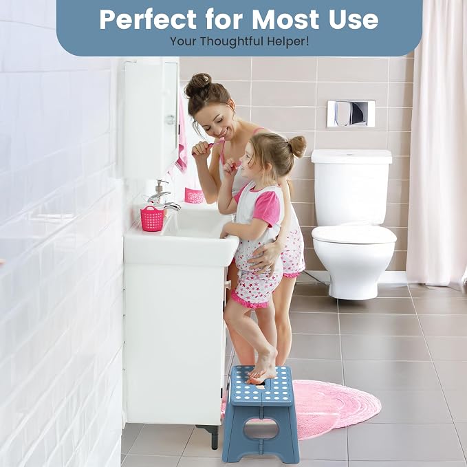 HBTower Folding Step Stool 9 Inch, 600 LBS Capacity with Safety Lock, Blue | Compact Step Stool Foldable for Kids & Adults, Portable Carry Handle, Collapsible Foot Stool, Kitchen, Bathroom & Outdoor