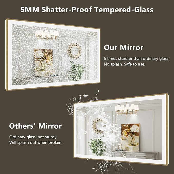 48x40 LED Bathroom Mirror with Lights, Gold Framed Lighted Mirror | Backlit and Front light, Anti-Fog, 3 Color Dimmable, Memory, Tempered Glass, IP54 Waterproof, UL Listed