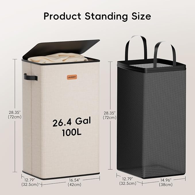 100L Laundry Hamper with Lid, Large Clothes Hampers with Removable Bag, Collapsible Laundry Basket for Bathroom, Bedroom, Laundry Room, Dorm, Beige