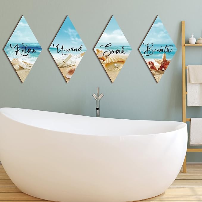 FairySandy 4 Pcs Sea Bathroom Wall Decor 11.8 x 6.69 Inch Seashell Restroom Wall Art Bathroom Coastal Decoration Ocean Sea Minimalist Relax Soak Unwind Breathe Sign for Bedroom Living Room Restroom