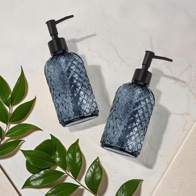 2 Pack Gem Glass Soap Dispenser with Black Plastic Pump, 13oz Liquid Hand Soap Dispenser, Rustproof Pump for Kitchen & Bathroom, Great for Lotions, Essential Oil, Liquid Soaps-Grayish Blue