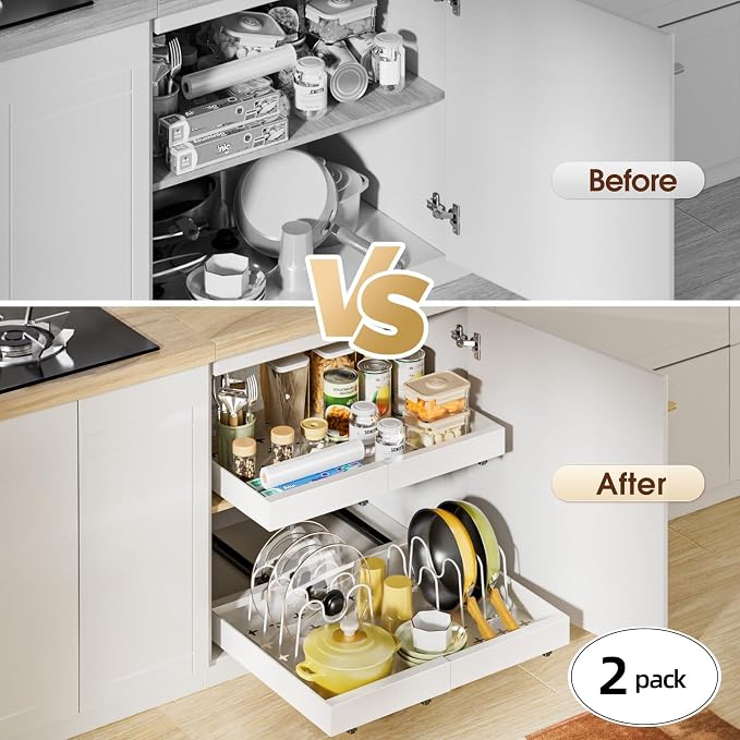 Delamu 16" Deep Pull Out Cabinet Organizer with 6 Dividers, Expandable (11.7 "-20" W) Pull Out Drawers for Cabinets, Cabinet Trays Pull Out for Cabinets in Kitchen, Pantry or Bathroom, White, 2 Pack
