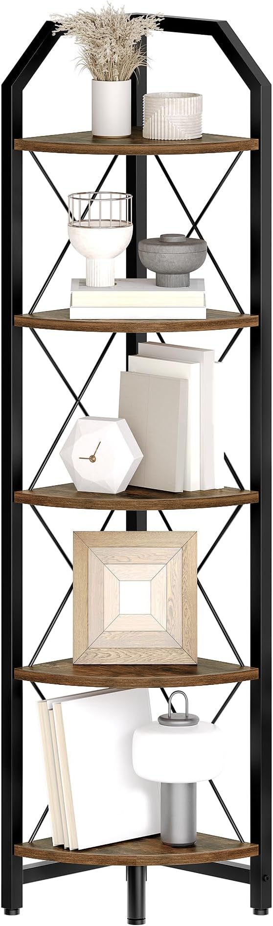 59.4" Corner Shelf, 5-Tier Industrial Corner Bookshelf, Corner Storage Stand, Plant Stand Display Shelf, Bookcase for Bedroom, Living Room, Home Office, Rustic Brown and Black TCJ10BF