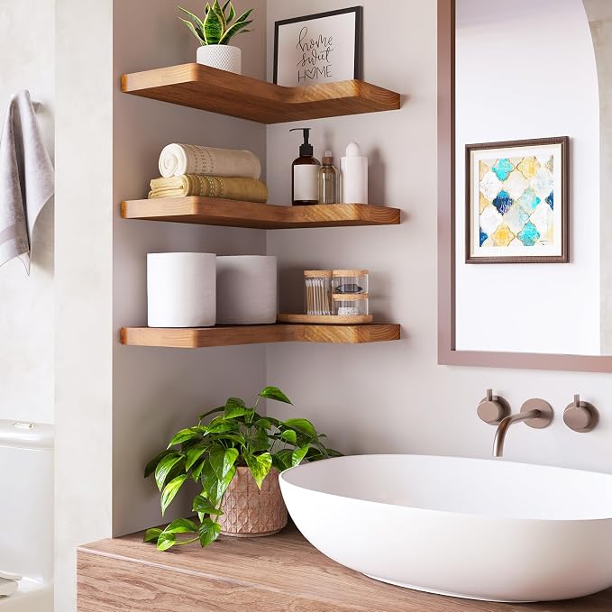Fixwal Corner Floating Shelves for Wall Mounted Natural Solid Wood 16"x11.4" Farmhouse Home Decor Display Shelving Set of 3 (Rustic Brown)
