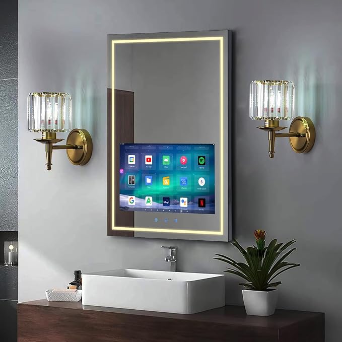 24x32 Inch LED Smart Bathroom Mirror with 21.5" Hidden Touchscreen System | Android 11,Anti-Fog,IP66 Waterproof,3-Color LED Light,Clock&Weather Display,Built-in Speaker,WiFi Bluetooth HDMI,Wall-Mounted