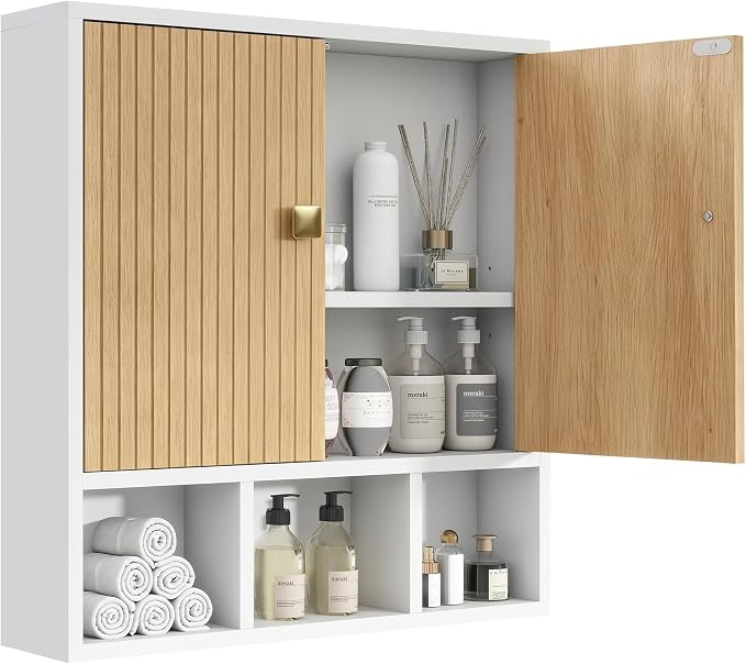 Bathroom Wall Cabinet,Wooden Medicine Cabinet with Fluted Doors Over The Toilet Storage Cabinet with Adjustable Shelf for Bathroom,White