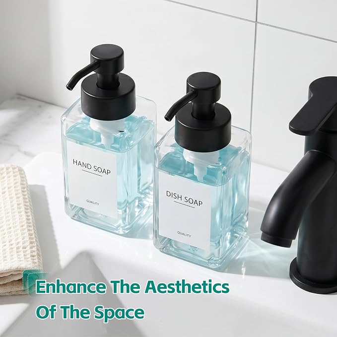 Foaming Soap Dispenser, 12oz/350ml Glass Foaming Hand Soap Dispenser Set, 3Pcs Refillable Foam Soap Dispenser With Foaming Pump, Labels, Square Foam Soap Hand Dispenser For Bathroom, Kitchen