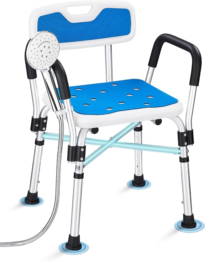 Shower Chair with Back and Arms, 400 lb Capacity | Reinforced Safety Bar, Non-Slip Bath Seat, For Elderly, Adults and Disabled Users