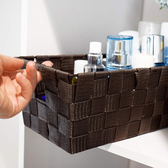 Woven Shelf Storage Tote Basket Bins Container, Storage Boxes Cube Organizer with Built-in Handles for Bedroom, Office, Closet, Clothes, Kids Room, Nursery 3pack(Brown)