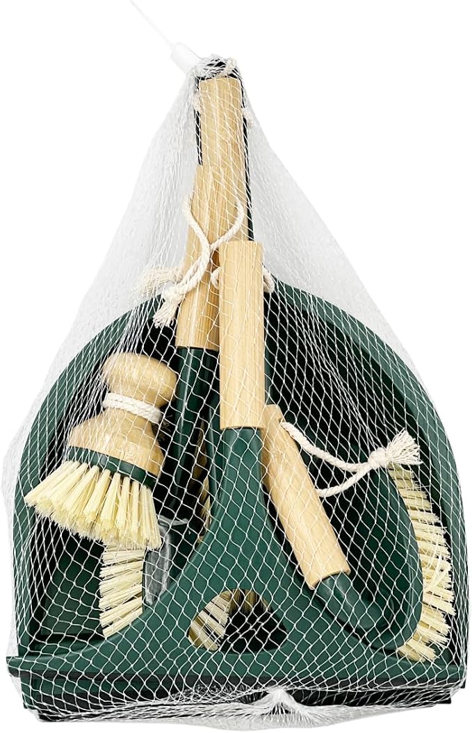 Pine-Sol Scrub Brush Cleaning Tool Set - Heavy Duty Brushes with Bamboo Handles, Dustpan, Shower Squeegee - Dishwashing, Kitchen, and Bathroom Cleaning Supplies, 6 Pieces
