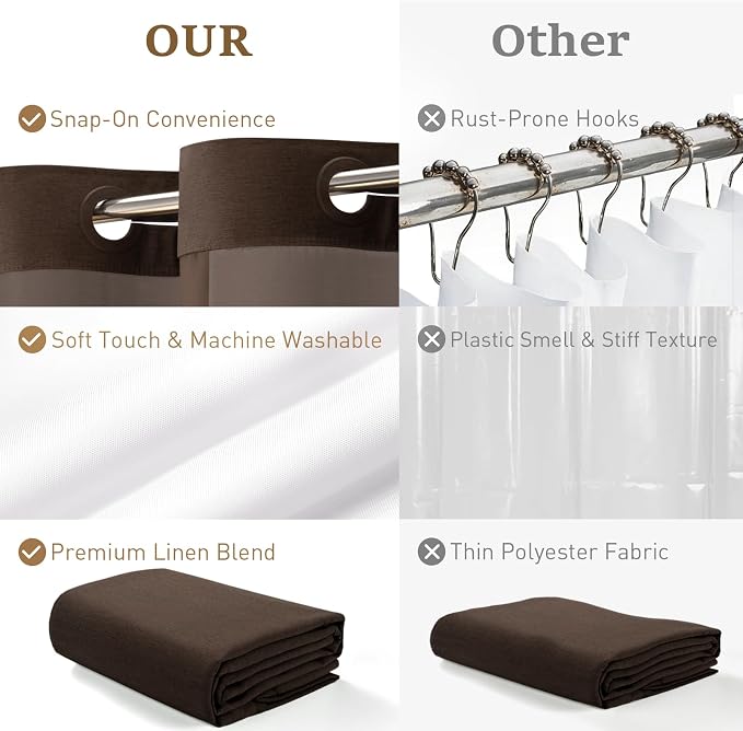Brown Ringless Linen Textured Shower Curtain with Snap in Liner, 72x75 | 3 in 1 Hotel Shower Curtain Set, Removable Liner, Waterproof & Washable, Mesh Top Window, Durable Fabric, Easy to Install