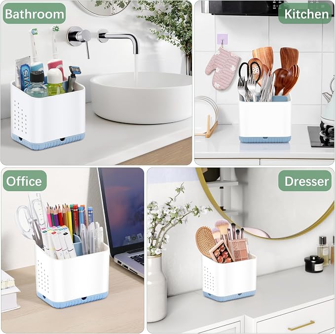 Bathroom Toothbrush Holders, Kids Toothbrush and Toothpaste Holder (Blue) | Easy To Clean, Drainage, Removable, Non-Slip, 4 Slots Tooth Brush Holder for Bathroom Countertop Organizer