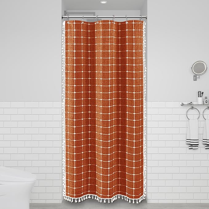 Stall Boho Farmhouse Linen Shower Curtain Set, 36x72, Burnt Orange | Half Size, 330GSM Linen Blend, 3-side Tassels, Water Repellent Fabric, 6 Plastic Hooks, Rustic Bohemian, Machine Washable