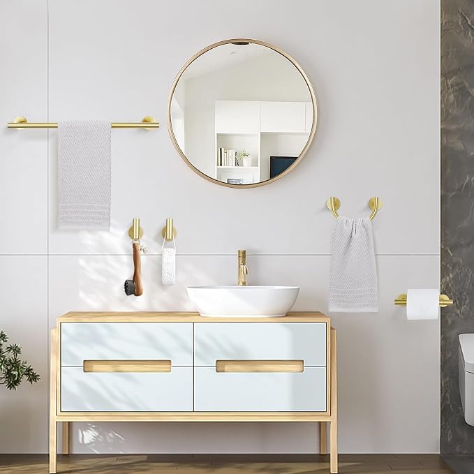 TURS 5-Pieces Brushed Gold Bathroom Hardware Accessories Set 23.6inch SUS304 Stainless Steel Towel Bar Set Double Post Pivoting Toilet Paper Holder Set Wall Mounted