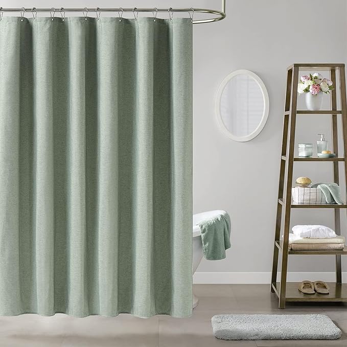 48x72 Linen Textured Waterproof Fabric Shower Curtain Set, Sage Green | Stall Size, 230GSM Polyester, Heavy Duty Cloth, Weighted Hem, 8 Plastic Hooks, Modern Luxury Hotel Style, Machine Washable
