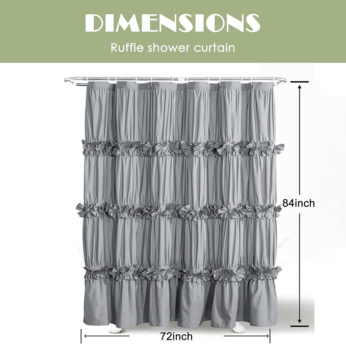 Handcrafted Bow Tie Victorian Shower Curtain 72" W x 84" H | Vintage Ruffle Bath Curtain for Master Bathroom, Ruched Microfiber Bathroom Curtain with 12 Buttonholes, Gray (LQ-10)