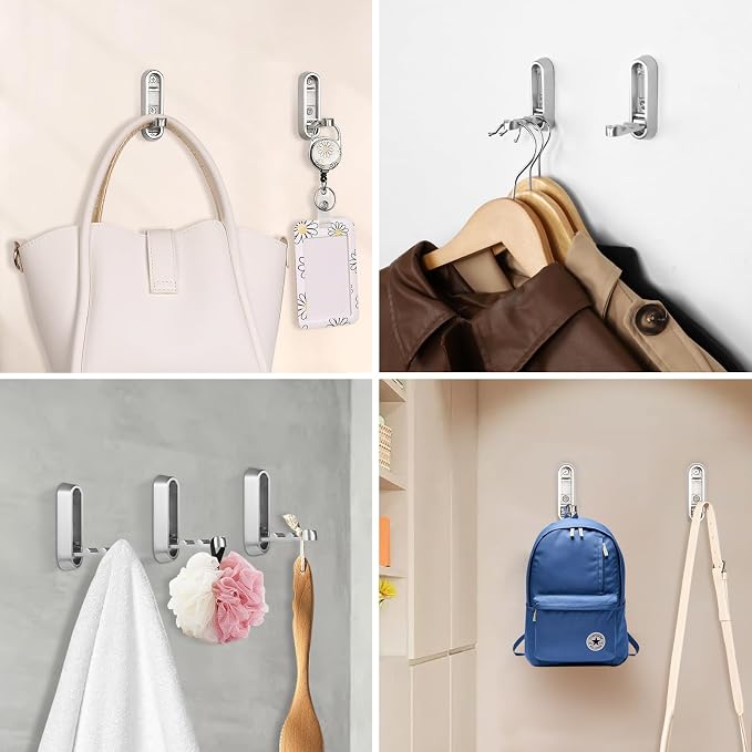 Folding Wall Hooks, 6 Pack, Silver, Zinc Alloy, Heavy Duty Coat Hooks | 90° Foldable Design, Wall Mounted, Zinc Alloy, Flip-Down Design, Includes Screws And Anchors, For Bedroom, Entryway, Closet