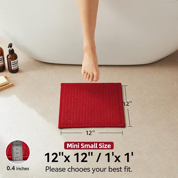 Triohero Small Bathroom Rugs Non Slip Washable Bath Rugs Super Absorbent Bathroom Rug Thin Quick Dry Low Pile Bath Mats, Red 12"x12"