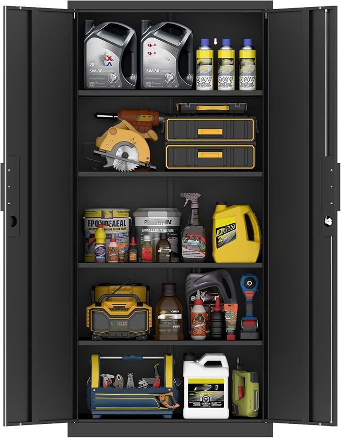 Black Storage Cabinet, Metal Garage Storage Cabinets with Adjustable Shelves, 72.05" H Heavy Duty Tall Cabinet with Locking Doors, Steel Organizer for Basement, School