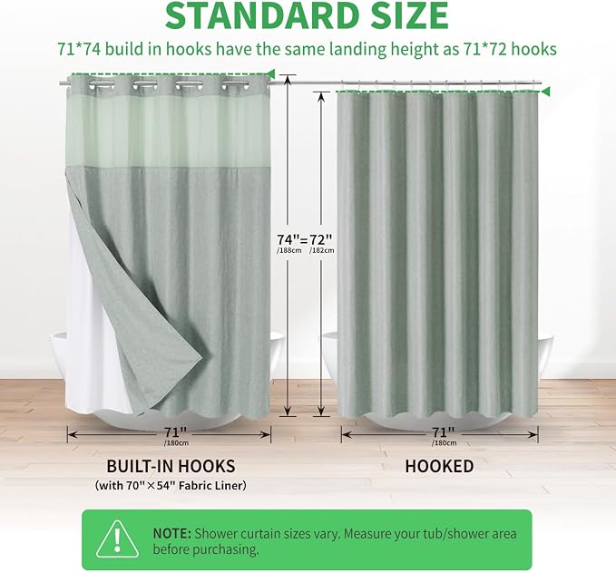 eachope No Hook Fabric Shower Curtain with Snap-in Liner,71x74 Sage Green | Linen Texture,230GSM Thick Fabric,Hotel Luxury Decor,Mesh Window,Bottom magnetic ,Waterproof & Machine Washable,for Bathroom