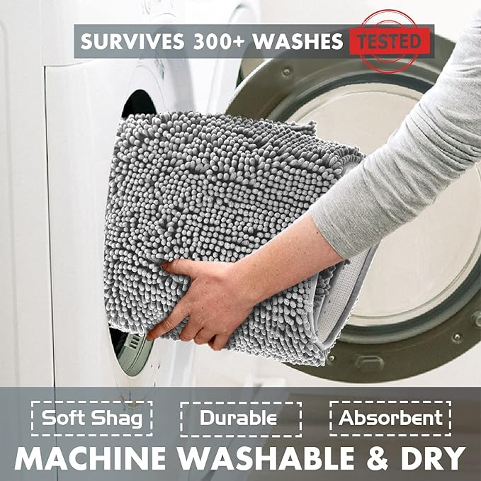 LuxUrux Bath Mat-Extra-Soft Plush Bath Shower Bathroom Rug,1'' Chenille Microfiber Material, Super Absorbent Shaggy Bath Rug. Machine Wash & Dry (24 x 36 Inch, Light Grey)
