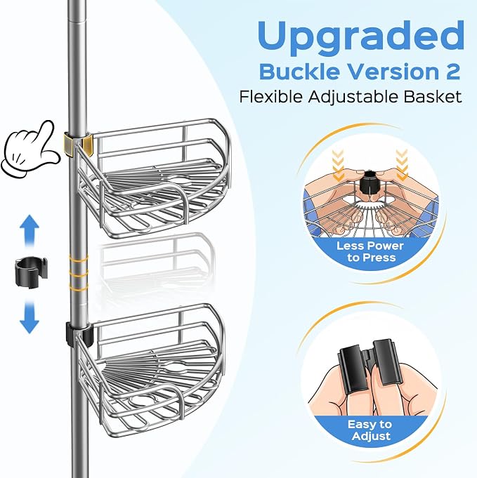 HAMITOR Corner Shower Caddy Tension Pole, Space-saving Bathtub Shelves | Adjustable No-Drill 47-123 In Rod, Large Capacity Bathroom Rack, Toiletries Storage, Home Restroom Organizer, Silver Gray