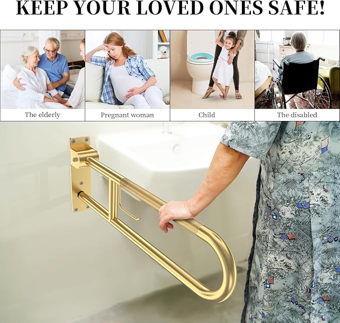Toilet Grab Bar 32 Inch, YuanDe Flip Up Grab Bar with Paper Holder | Brushed Gold Anti-Slip Safety Bars for Toilet, Stainless Steel Knurled Toilet Handles for Seniors Disabled Elderly Pregnant