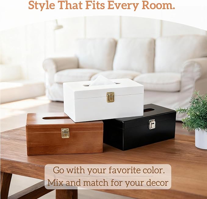 Black Rectangle Tissue Box Cover with Metal Switch, Rectangular Tissue Box Holder with Lid, Solid Wood Countertop Bathroom Accessories, Office Decor, Home Decor for Bathroom Room