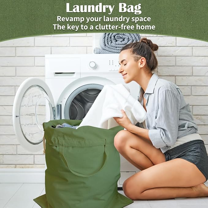 Canvas Laundry Bag 33"Wx 35"H, Extra Large Heavy Duty Hamper Liner, Green | Thick Canvas Fabric, with Handles & Drawstring Closure, Washable Basket Liner Replacement, Home Storage Sack, 1Pack