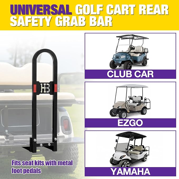 HOWBOW Golf Cart Rear Seat Grab Bar for Yamaha Club Car EZGO | Thicken Steel Tubing Golf Cart Seat Safety Handlerail with Reflective Stickers, Supports Golf Bags