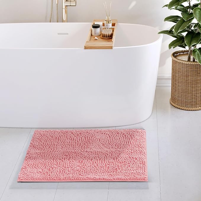 Hearth & Harbor Bathroom Rugs, Chenille Bath Mat - Machine Washable Bath Mats for Bathroom Non-Slip Backing Rubber, Quick Dry Bathroom Mat, 17 x 24 - Pink