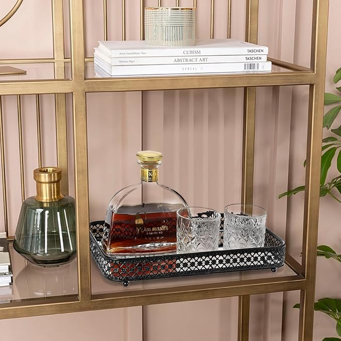 ELLDOO Black Mirror Glass Perfume & Makeup Vanity Tray, Large Size | Hollow-Carved Jewelry Storage, Metal Trinket Organizer for Dresser Bathroom Countertop Home Decor
