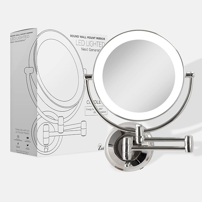 Zadro 11" LED Wall Mounted Makeup Mirror 5X/1X Shaving Mirror Cordless or Battery Operated Vanity Mirrors for Wall (Large | 5X/1X | 11" x 14.5", Chrome)