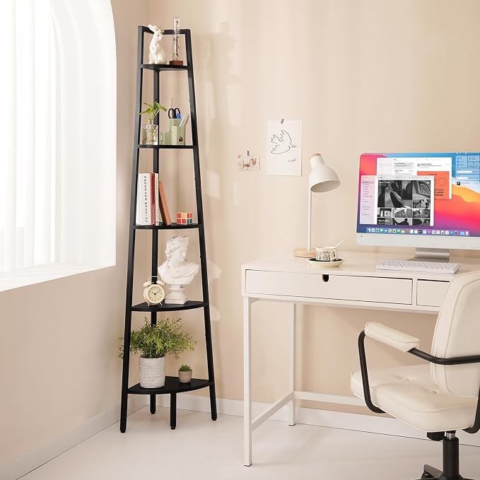 Yoobure 5-Tier Corner Shelf Stand- 67.5" Tall Corner Bookshelf with Metal Frame, Industrial Ladder Corner Shelves Display Shelf for Bedroom Living Room, Corner Bookcase Corner Plant Stand for Balcony