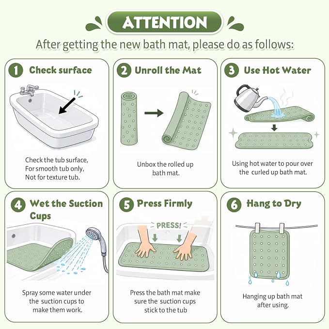 Baby Bath Mat for Tub Non Slip Kids, BPA Free Extra Long Bathtub Mat 40x16 with Drain Holes and 200 Suction Cups, Non Toxic Machine Washable Toddler Bath Mat, Eco-Friendly Certified